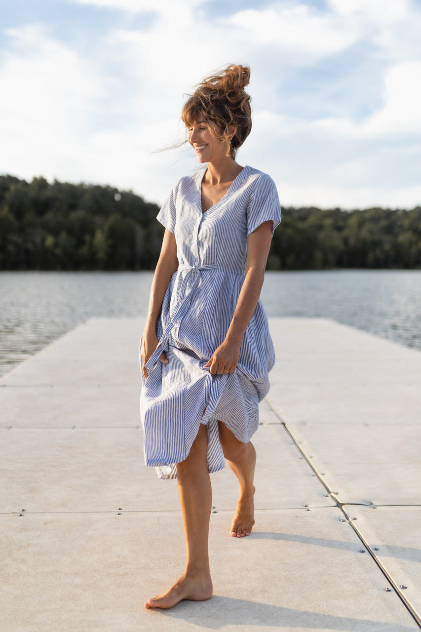 June Dress in Blue and White Stripe Linen/Cotton - Pre-Order 2/30