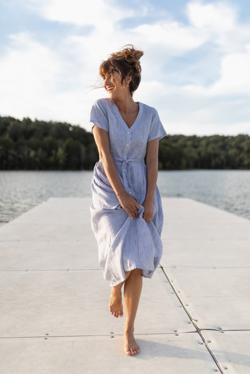 June Dress in Blue and White Stripe Linen/Cotton - Pre-Order 2/30