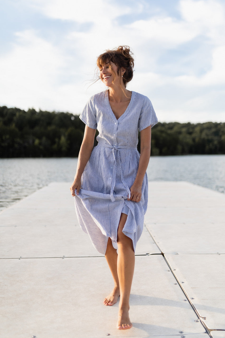 June Dress in Blue and White Stripe Linen/Cotton - Pre-Order 2/30