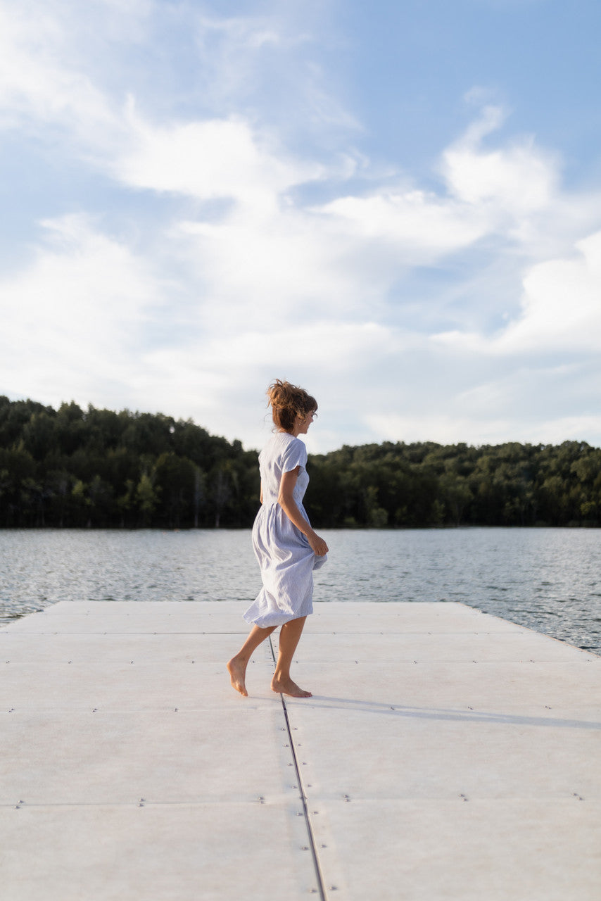 June Dress in Blue and White Stripe Linen/Cotton - Pre-Order 2/30