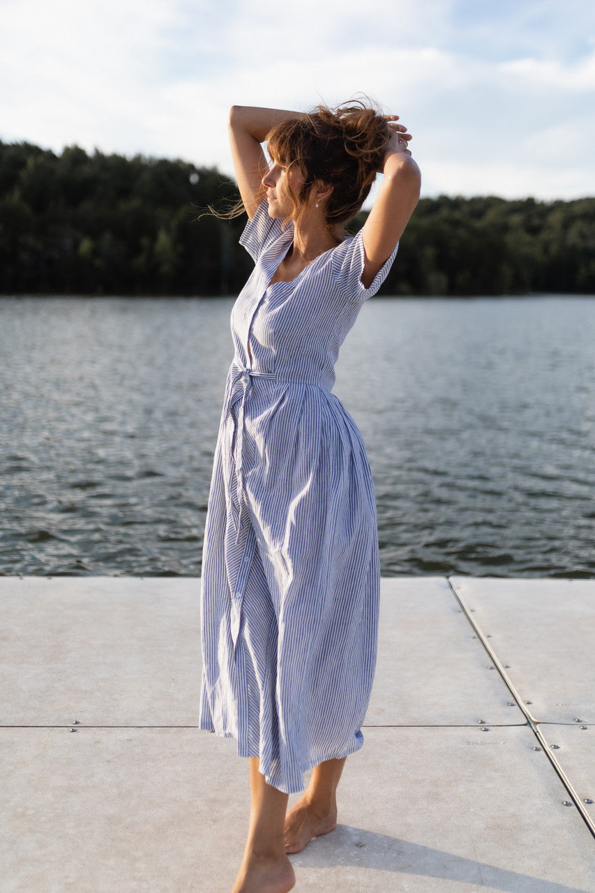 June Dress in Blue and White Stripe Linen/Cotton - Pre-Order 2/30