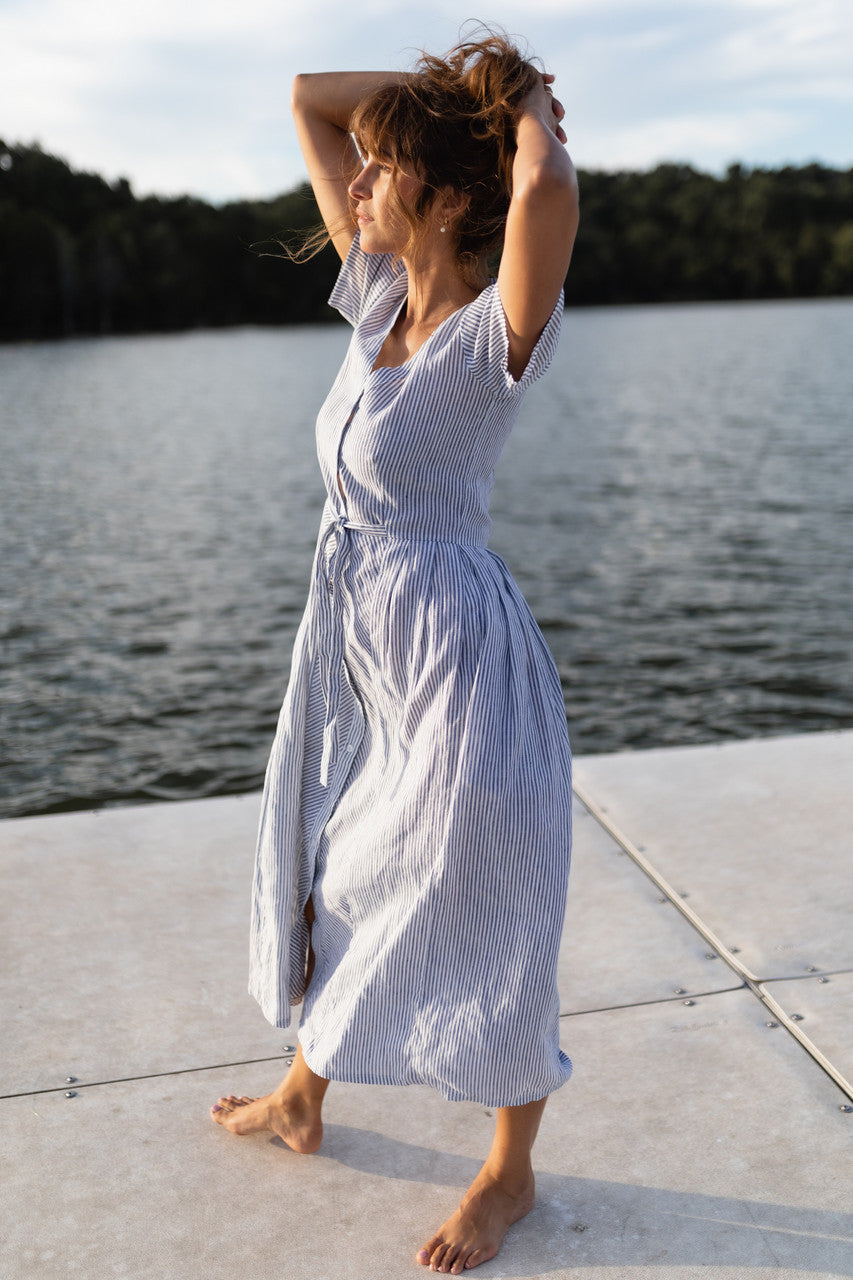 June Dress in Blue and White Stripe Linen/Cotton - Pre-Order 2/30