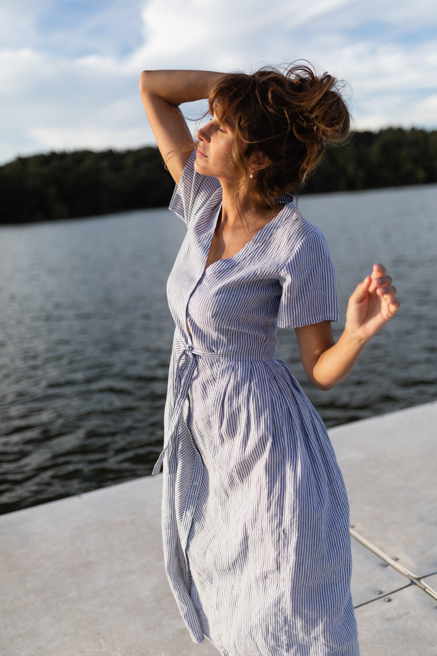 June Dress in Blue and White Stripe Linen/Cotton - Pre-Order 2/30