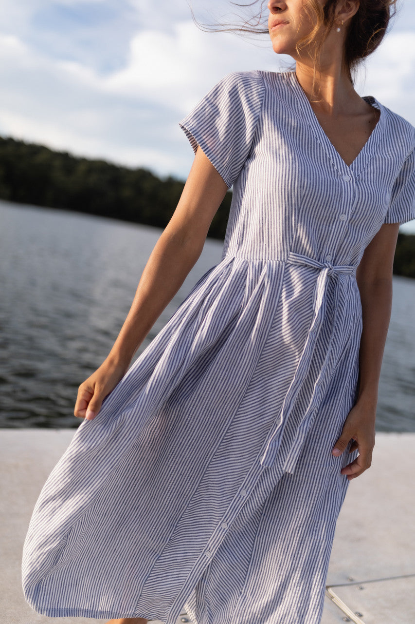 June Dress in Blue and White Stripe Linen/Cotton - Pre-Order 2/30