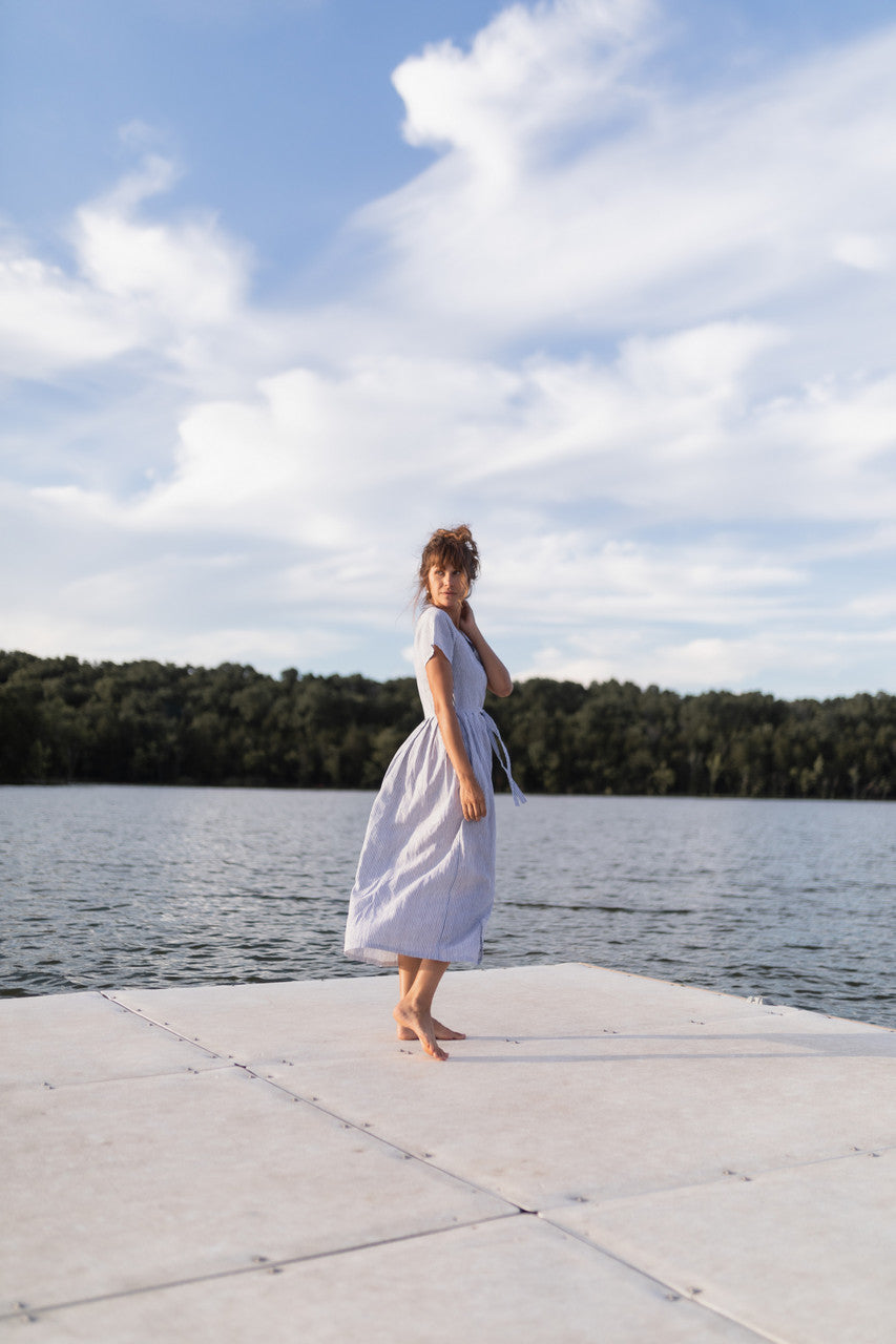 June Dress in Blue and White Stripe Linen/Cotton - Pre-Order 2/30