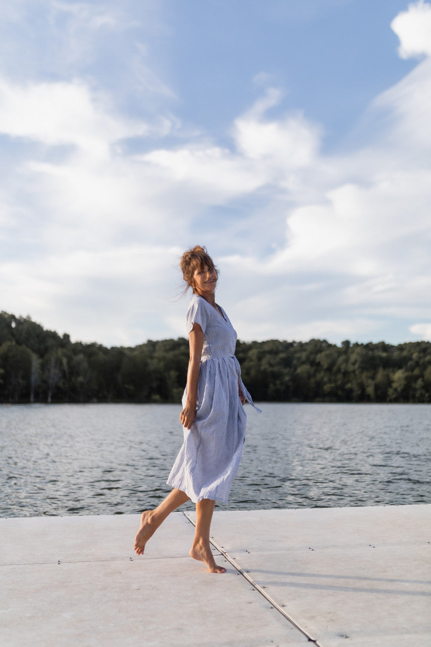 June Dress in Blue and White Stripe Linen/Cotton - Pre-Order 2/30