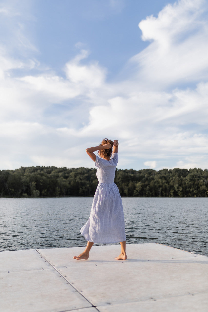 June Dress in Blue and White Stripe Linen/Cotton - Pre-Order 2/30