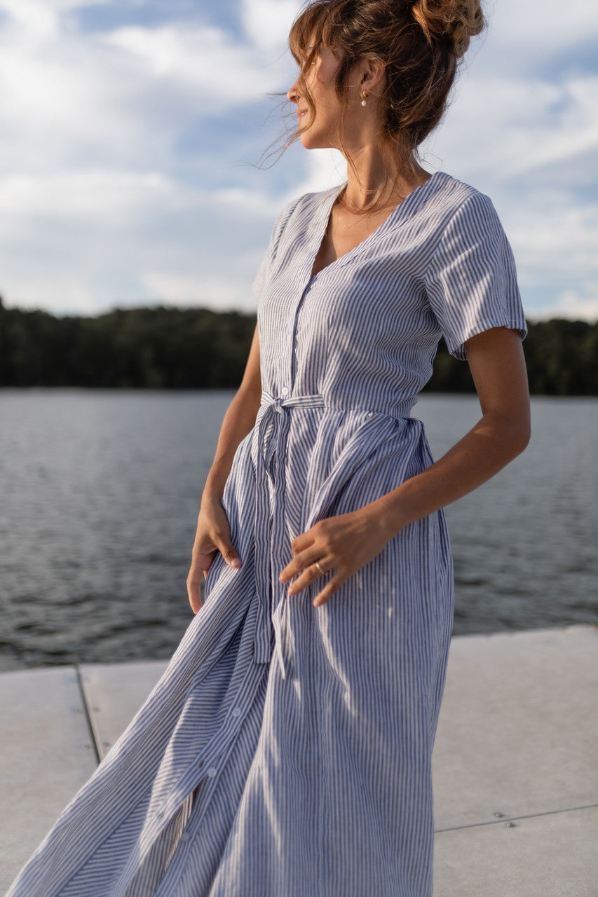 June Dress in Blue and White Stripe Linen/Cotton - Pre-Order 2/30