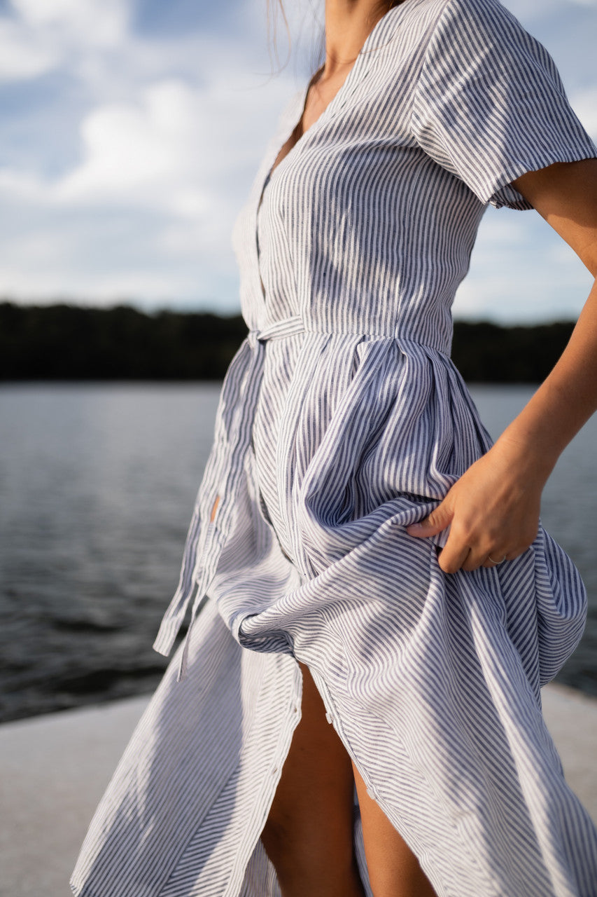 June Dress in Blue and White Stripe Linen/Cotton - Pre-Order 2/30