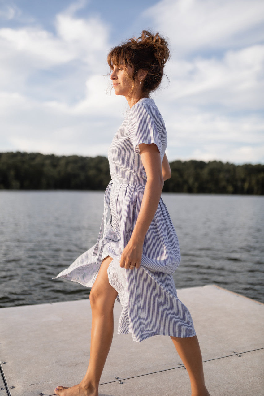 June Dress in Blue and White Stripe Linen/Cotton - Pre-Order 2/30