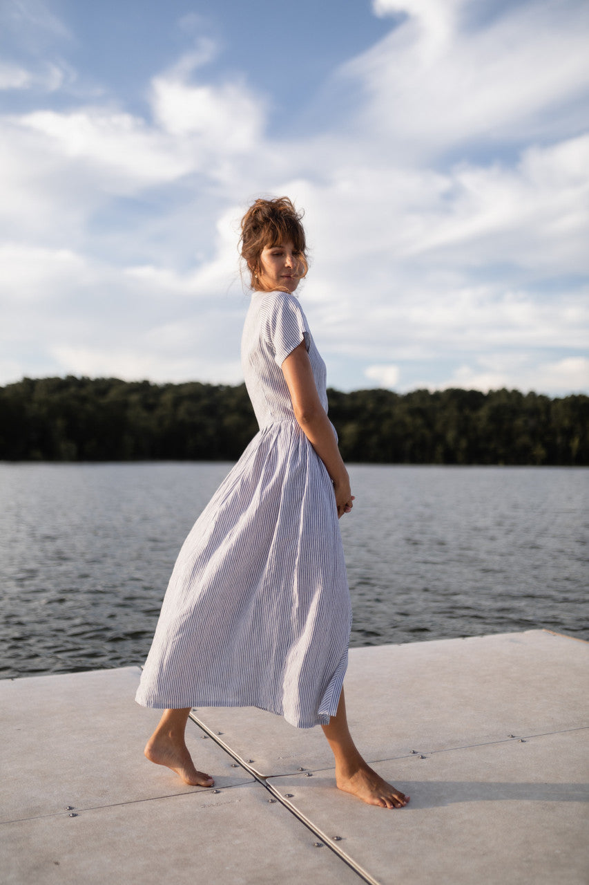 June Dress in Blue and White Stripe Linen/Cotton - Pre-Order 2/30