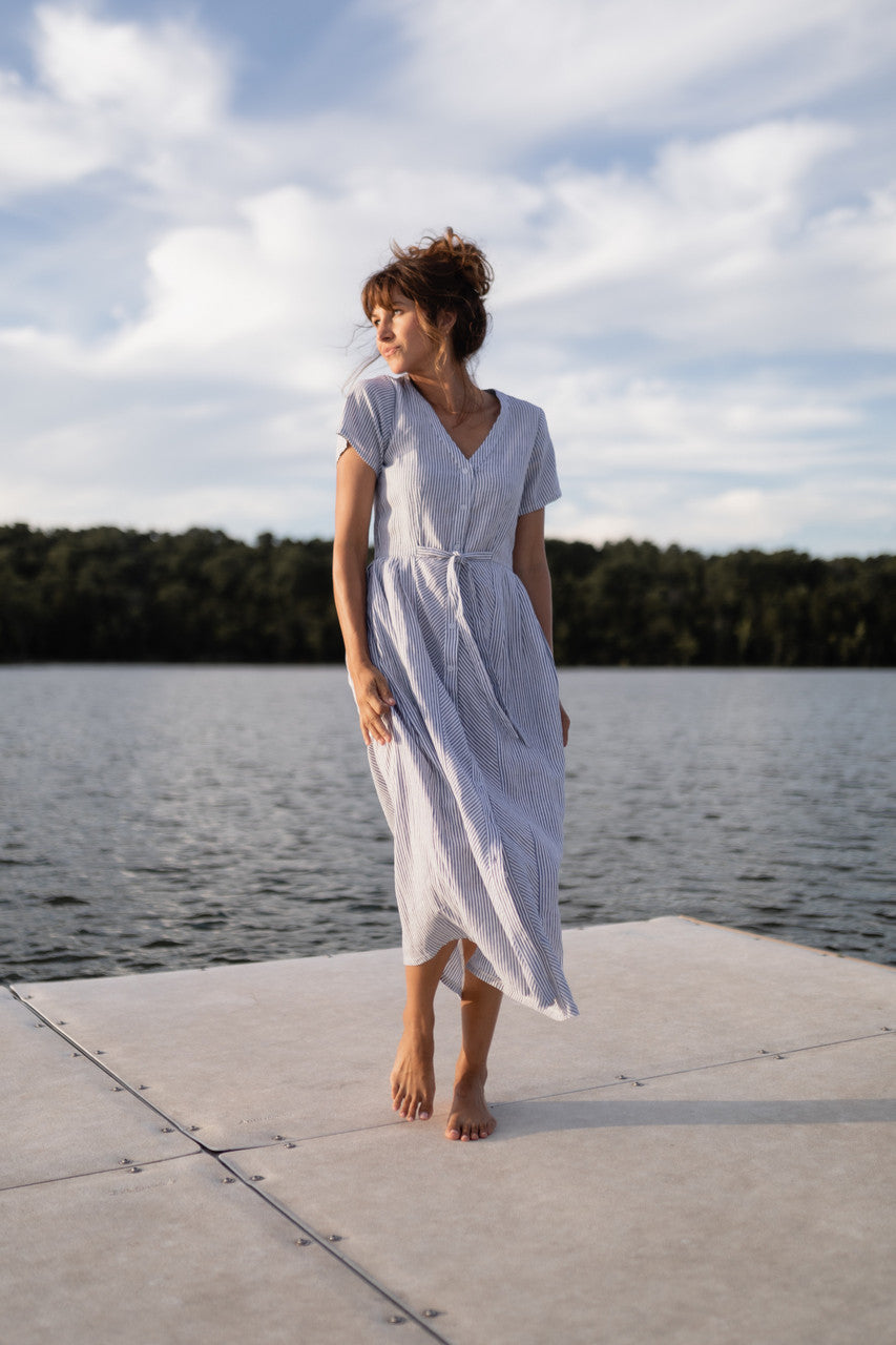 June Dress in Blue and White Stripe Linen/Cotton - Pre-Order 2/30