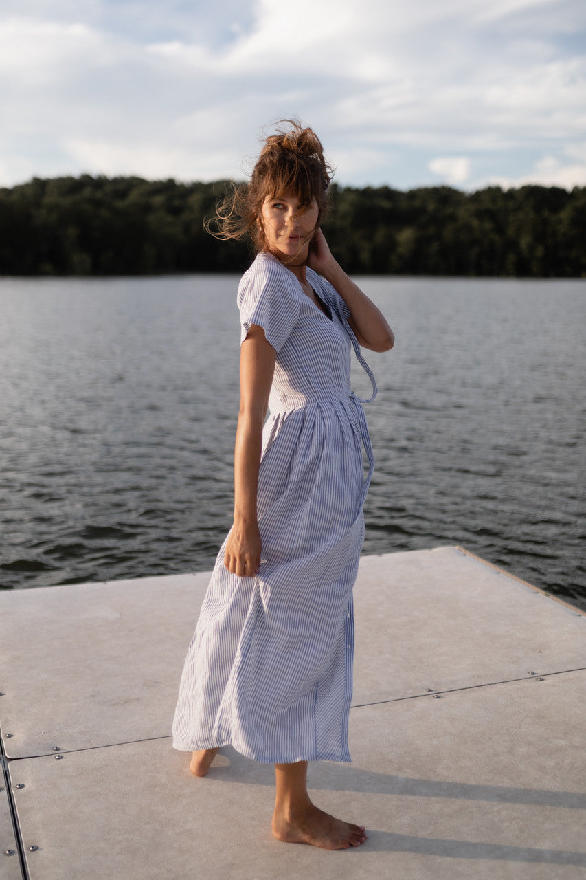 June Dress in Blue and White Stripe Linen/Cotton - Pre-Order 2/30