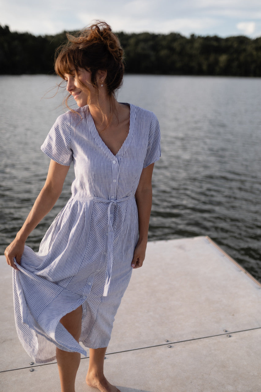 June Dress in Blue and White Stripe Linen/Cotton - Pre-Order 2/30