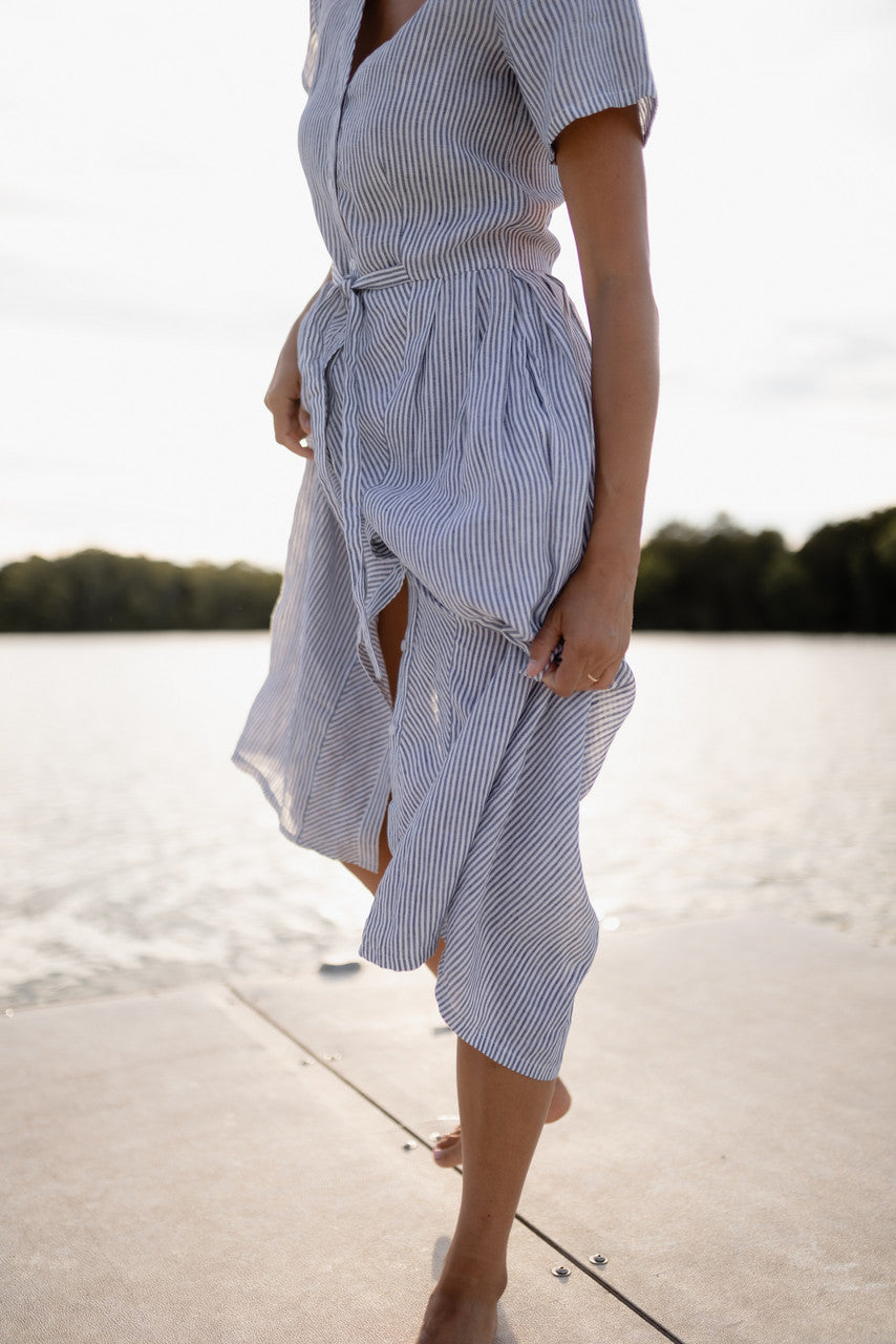 June Dress in Blue and White Stripe Linen/Cotton - Pre-Order 2/30