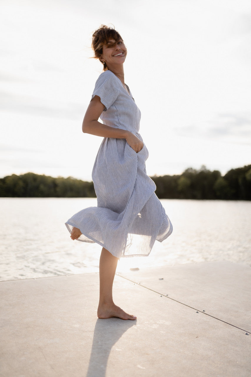 June Dress in Blue and White Stripe Linen/Cotton - Pre-Order 2/30