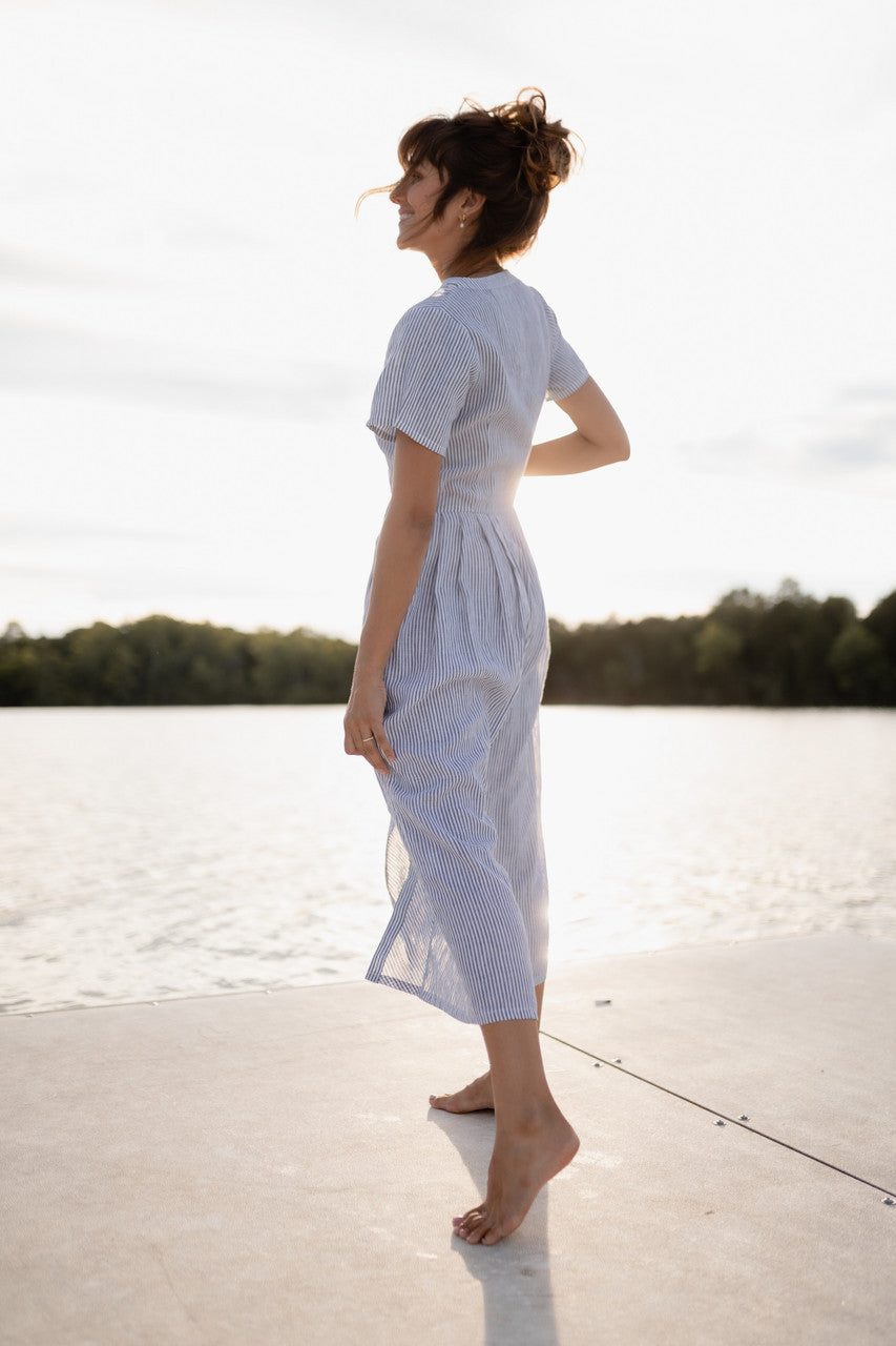 June Dress in Blue and White Stripe Linen/Cotton - Pre-Order 2/30