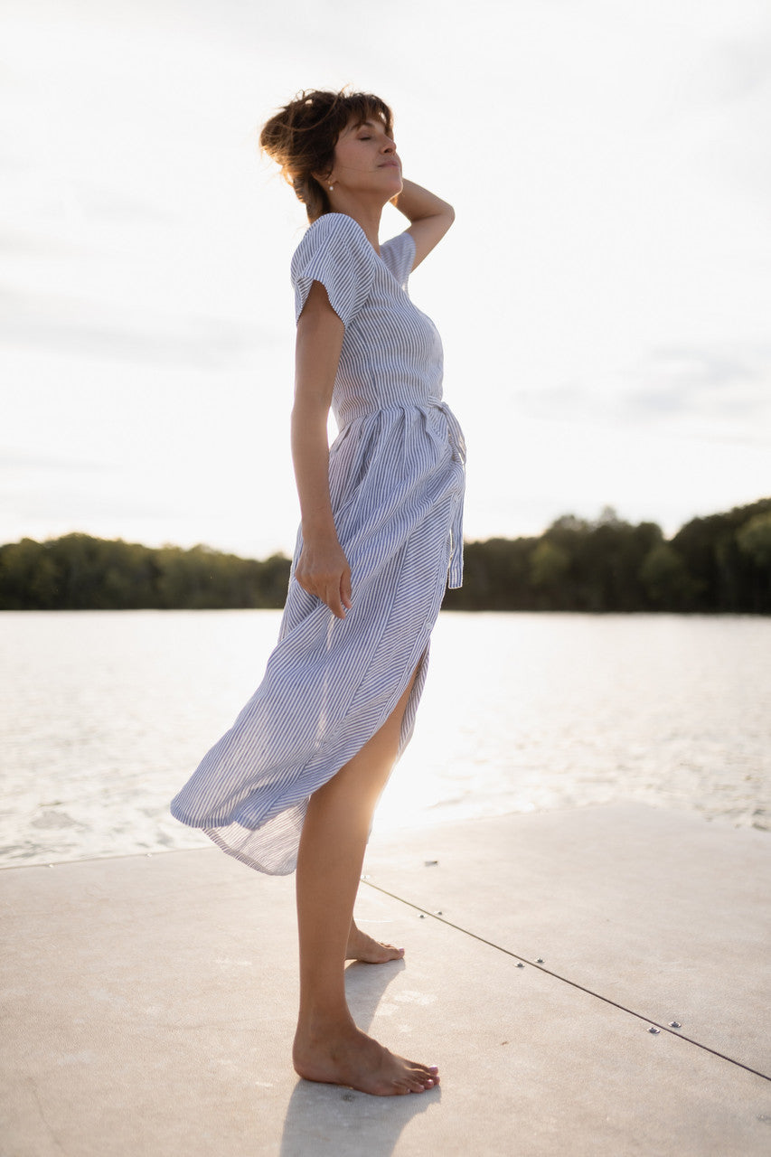 June Dress in Blue and White Stripe Linen/Cotton - Pre-Order 2/30