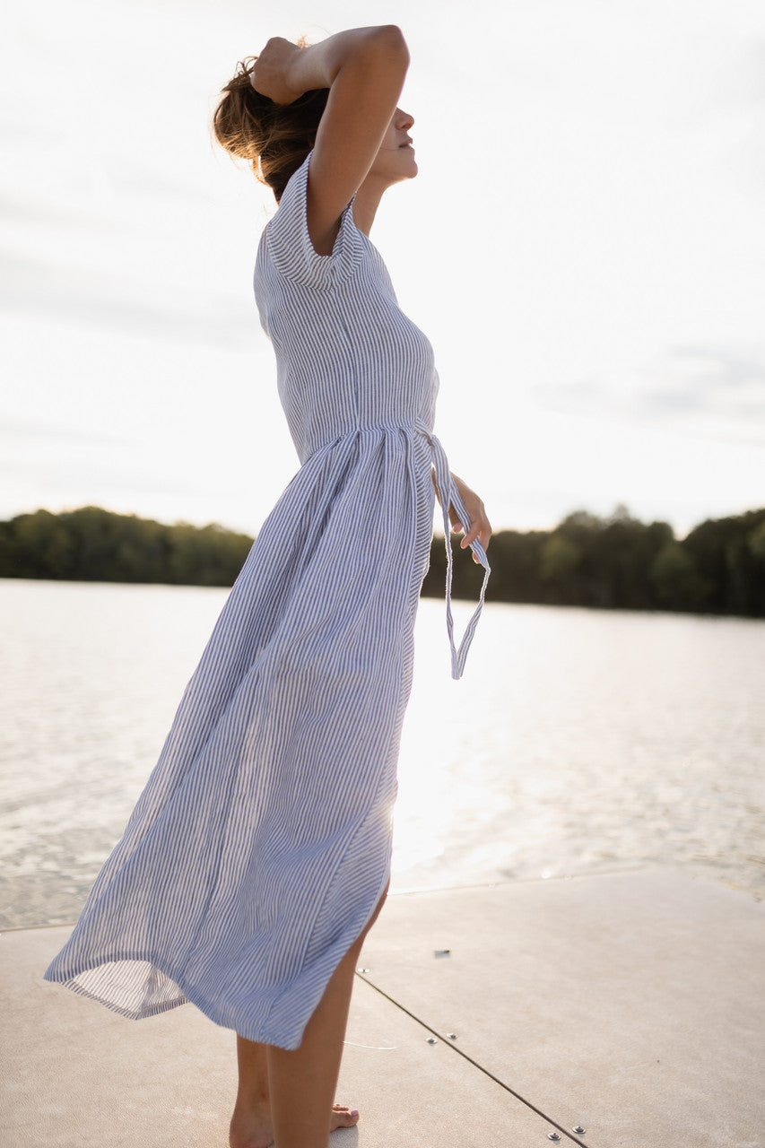 June Dress in Blue and White Stripe Linen/Cotton - Pre-Order 2/30