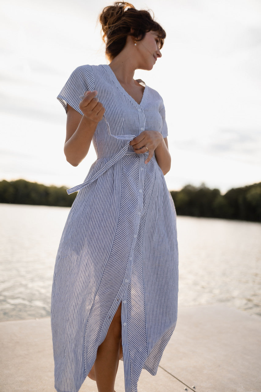 June Dress in Blue and White Stripe Linen/Cotton - Pre-Order 2/30