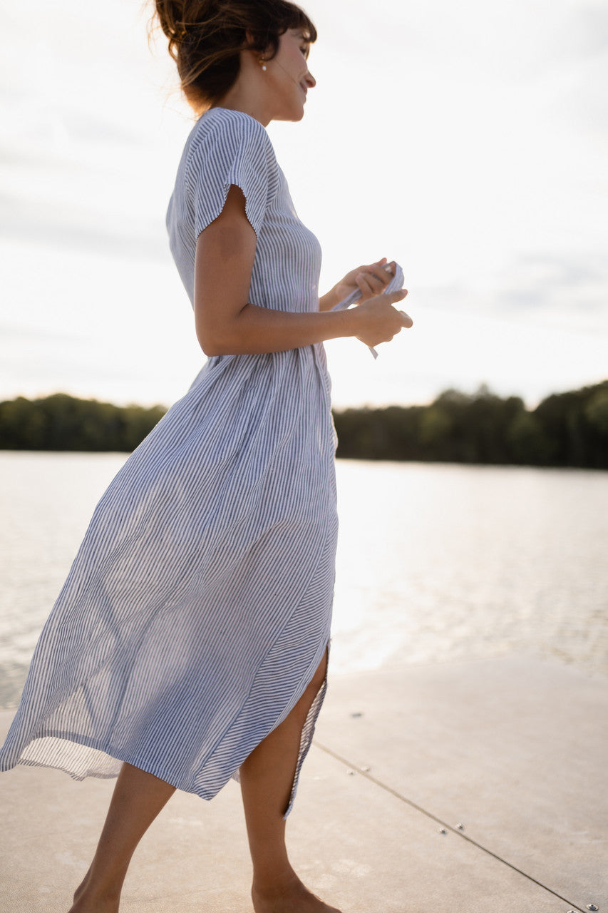 June Dress in Blue and White Stripe Linen/Cotton - Pre-Order 2/30