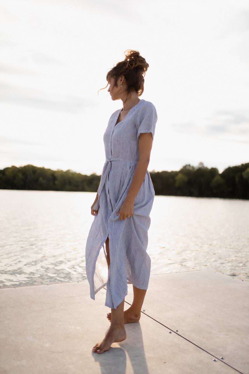 June Dress in Blue and White Stripe Linen/Cotton - Pre-Order 2/30