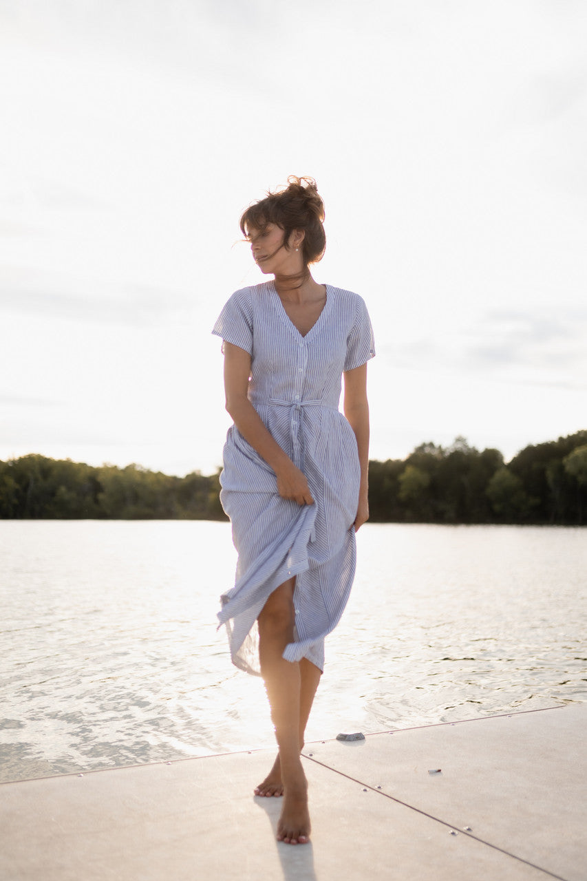 June Dress in Blue and White Stripe Linen/Cotton - Pre-Order 2/30