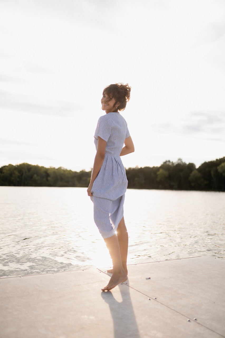 June Dress in Blue and White Stripe Linen/Cotton - Pre-Order 2/30