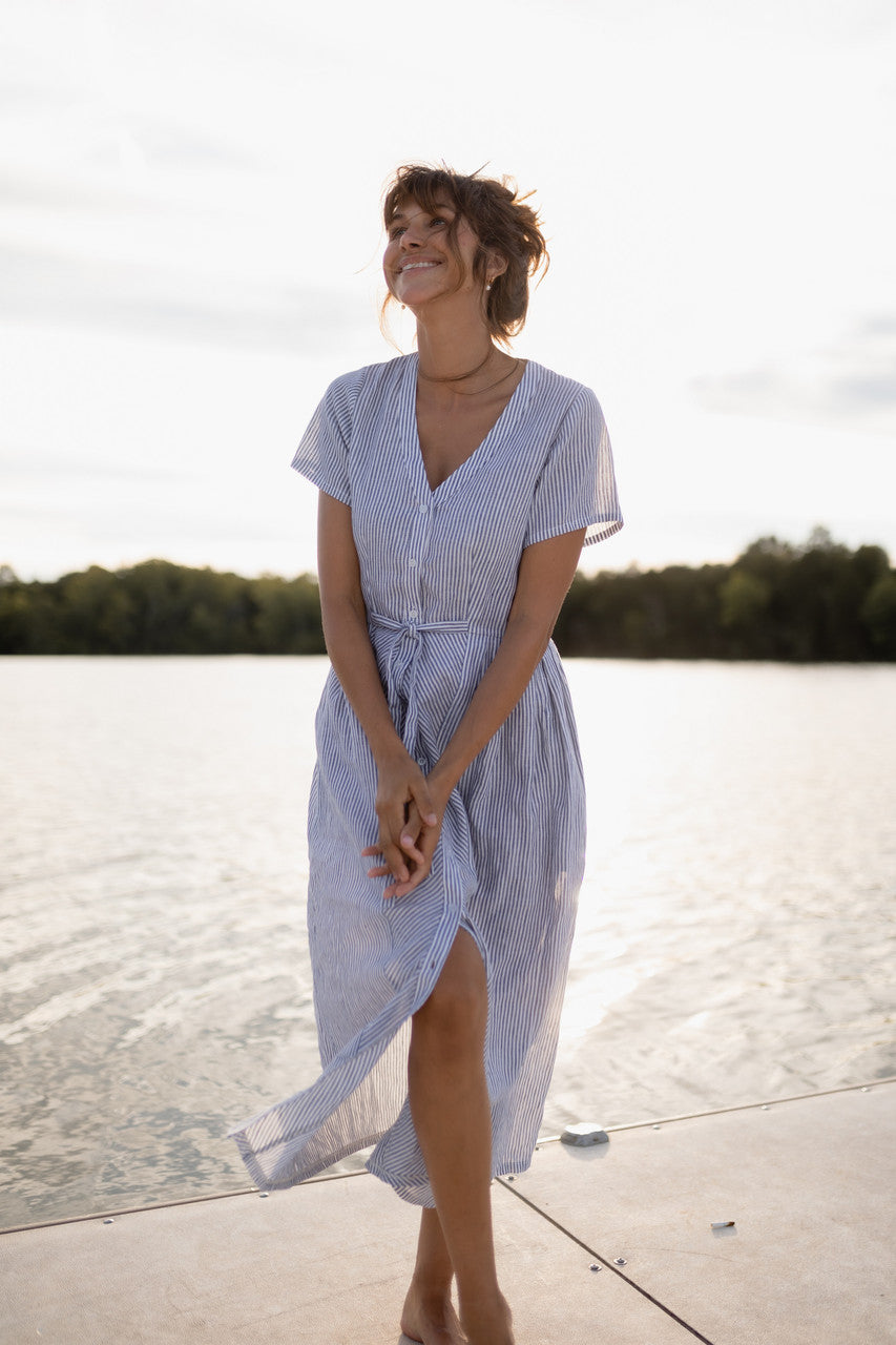 June Dress in Blue and White Stripe Linen/Cotton - Pre-Order 2/30