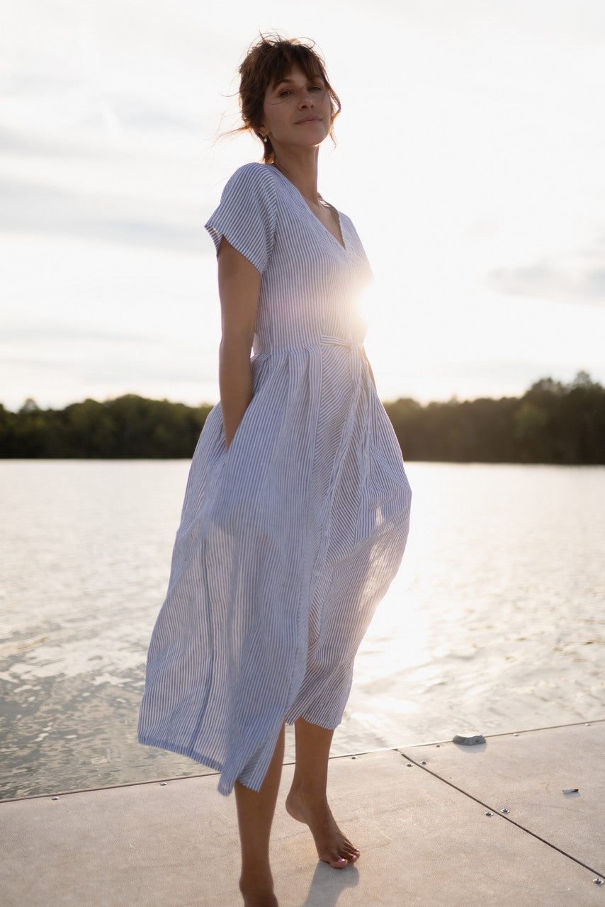 June Dress in Blue and White Stripe Linen/Cotton - Pre-Order 2/30