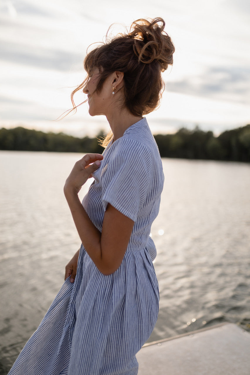 June Dress in Blue and White Stripe Linen/Cotton - Pre-Order 2/30