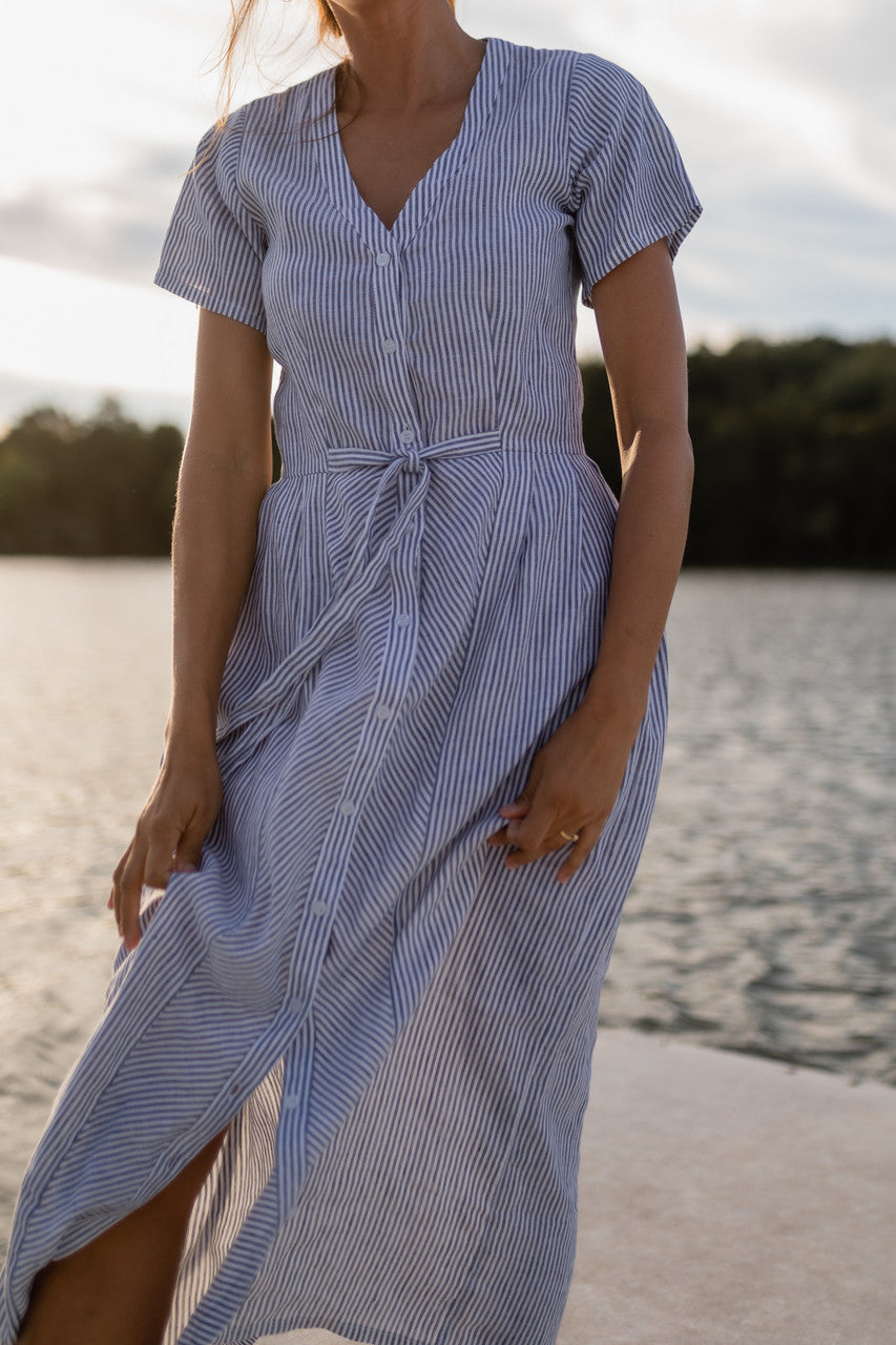 June Dress in Blue and White Stripe Linen/Cotton - Pre-Order 2/30