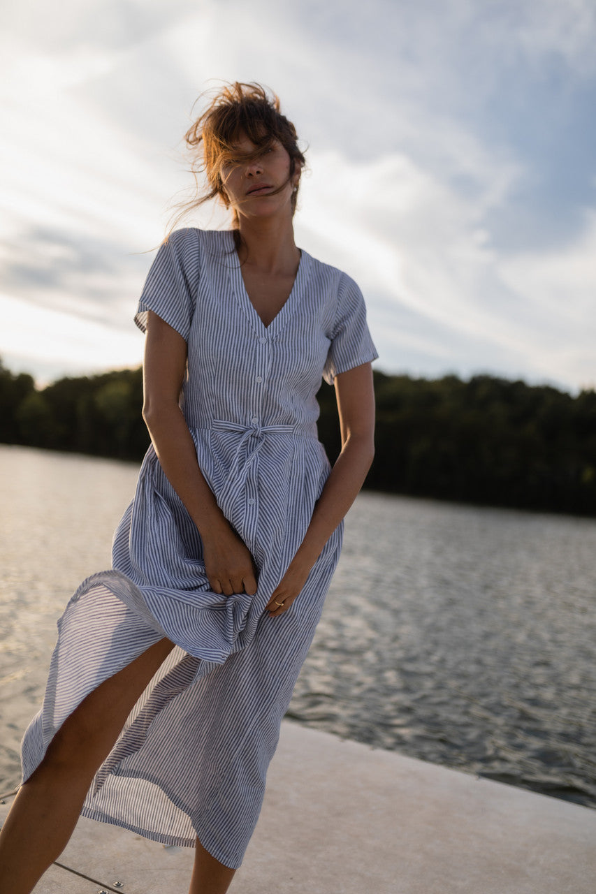 June Dress in Blue and White Stripe Linen/Cotton - Pre-Order 2/30