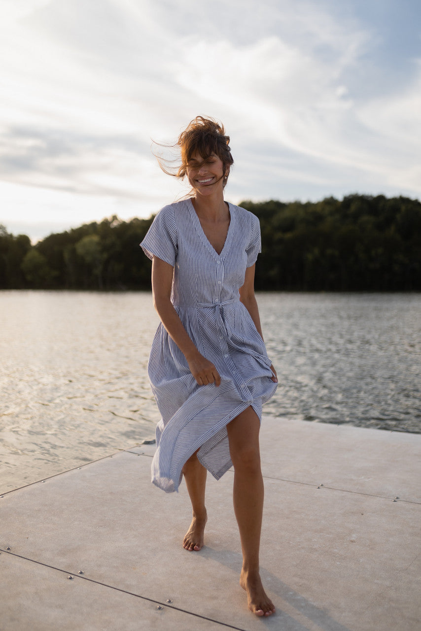 June Dress in Blue and White Stripe Linen/Cotton - Pre-Order 2/30