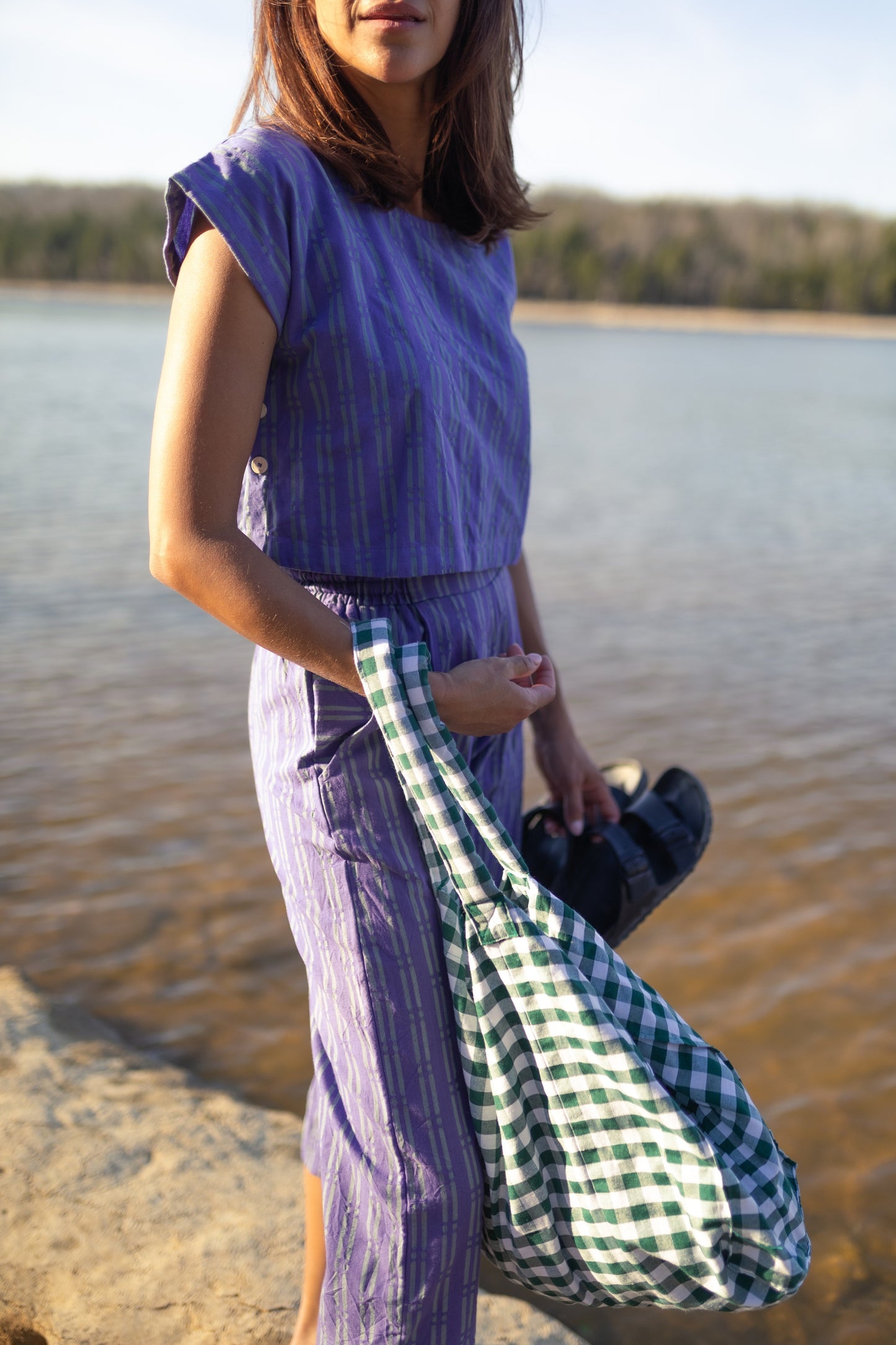Katie Handwoven Cotton Set in Periwinkle and Kelly Green - XS Pants Left