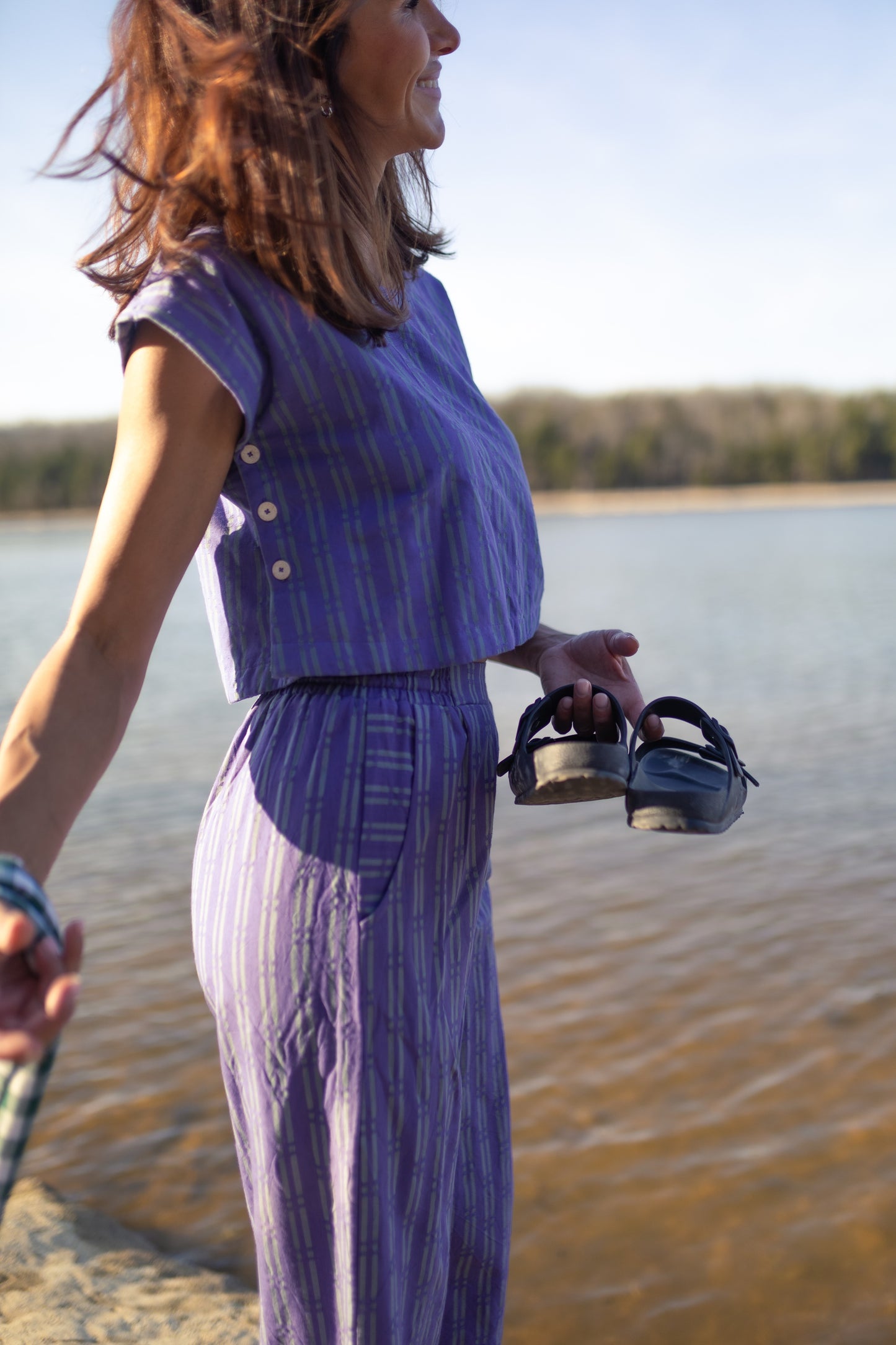 Katie Handwoven Cotton Set in Periwinkle and Kelly Green - XS Pants Left