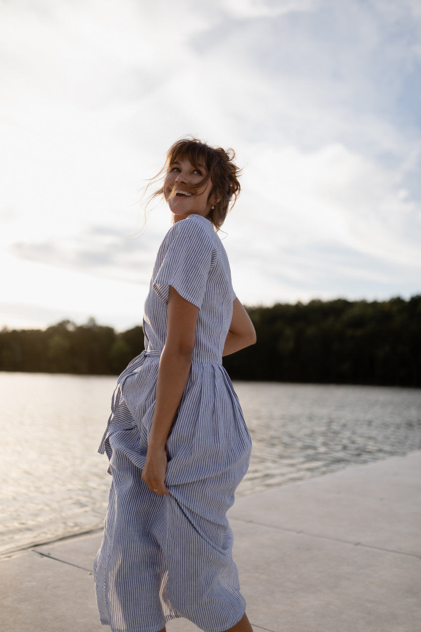 June Dress in Blue and White Stripe Linen/Cotton - Pre-Order 2/30