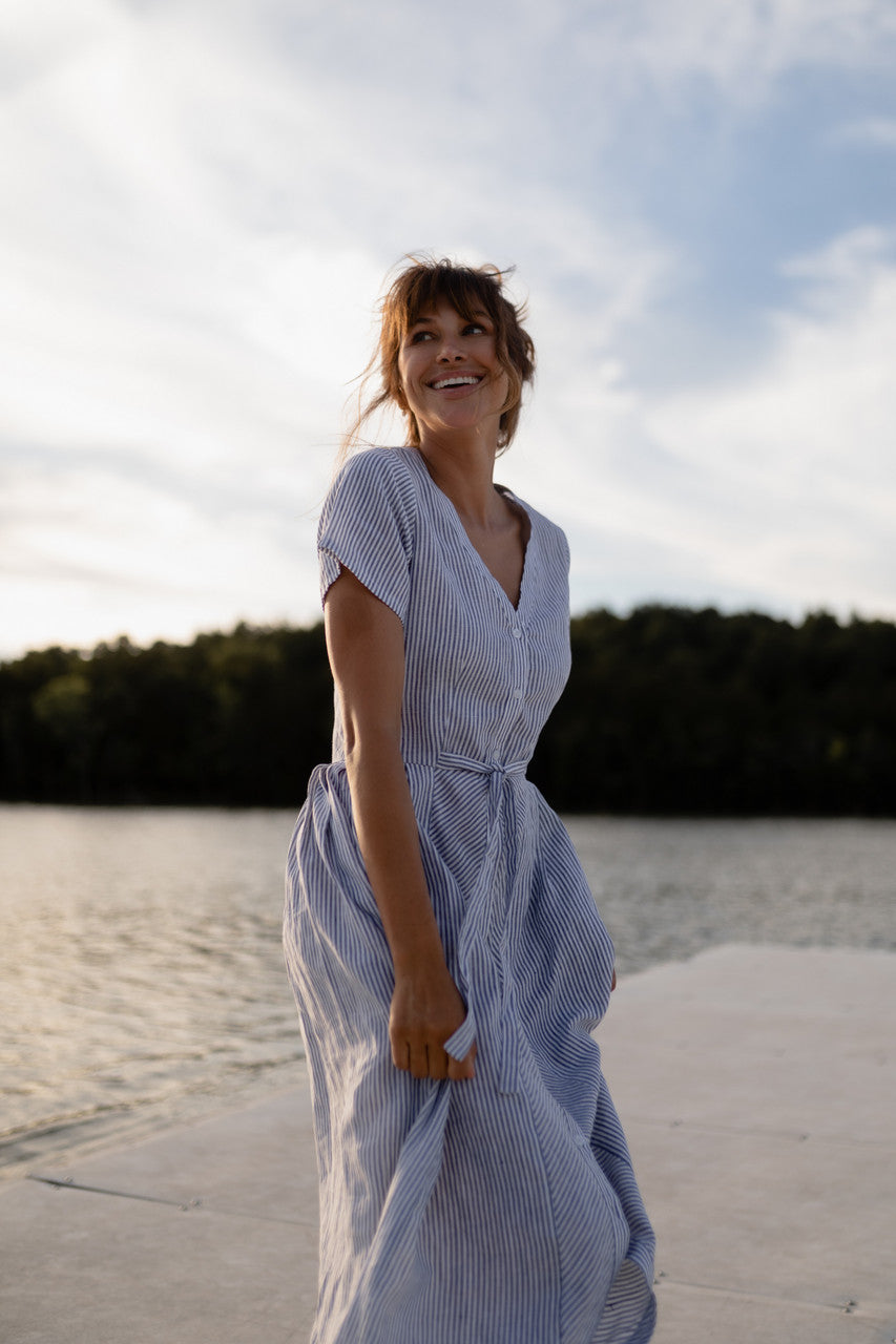 June Dress in Blue and White Stripe Linen/Cotton - Pre-Order 2/30