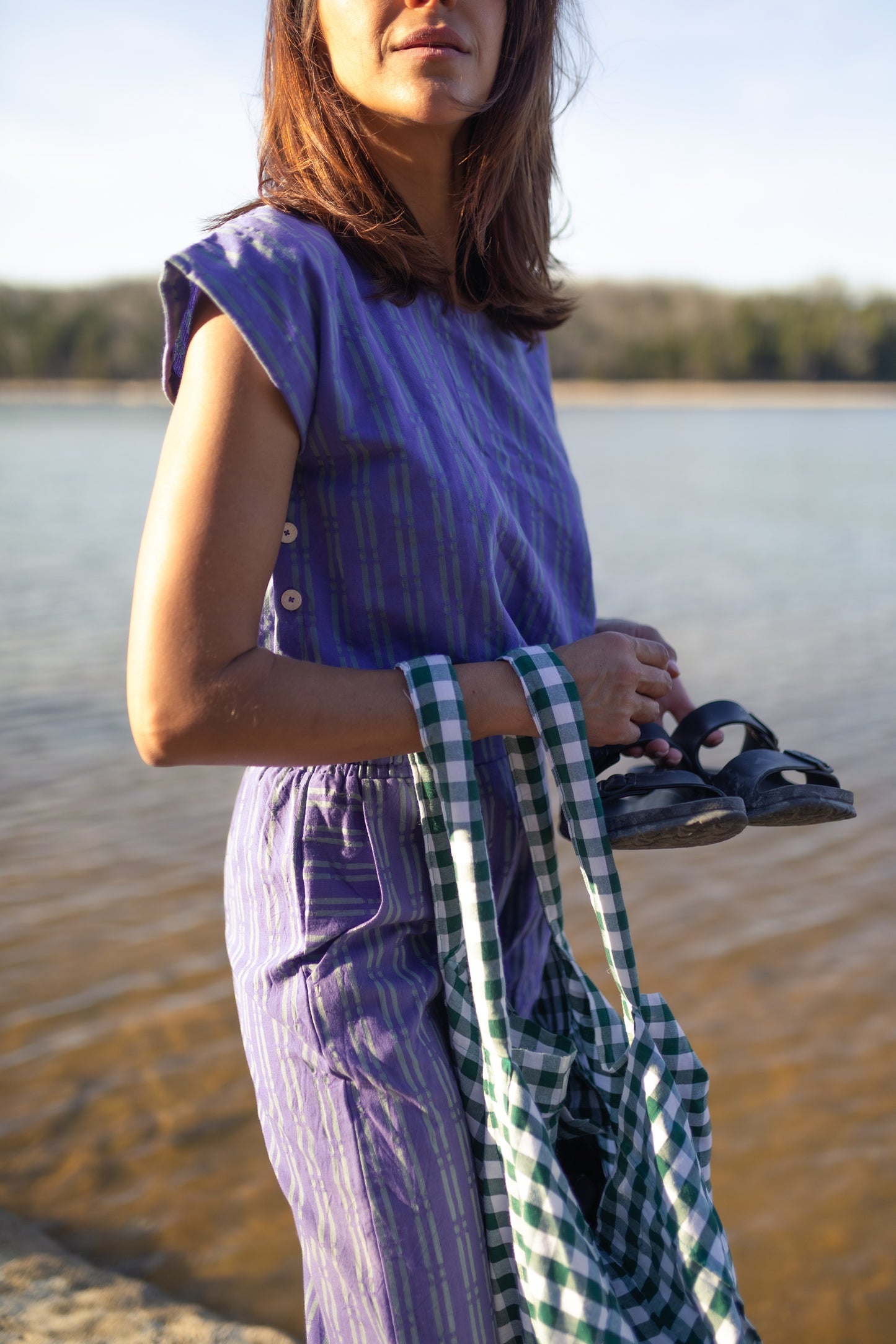 Katie Handwoven Cotton Set in Periwinkle and Kelly Green - XS Pants Left