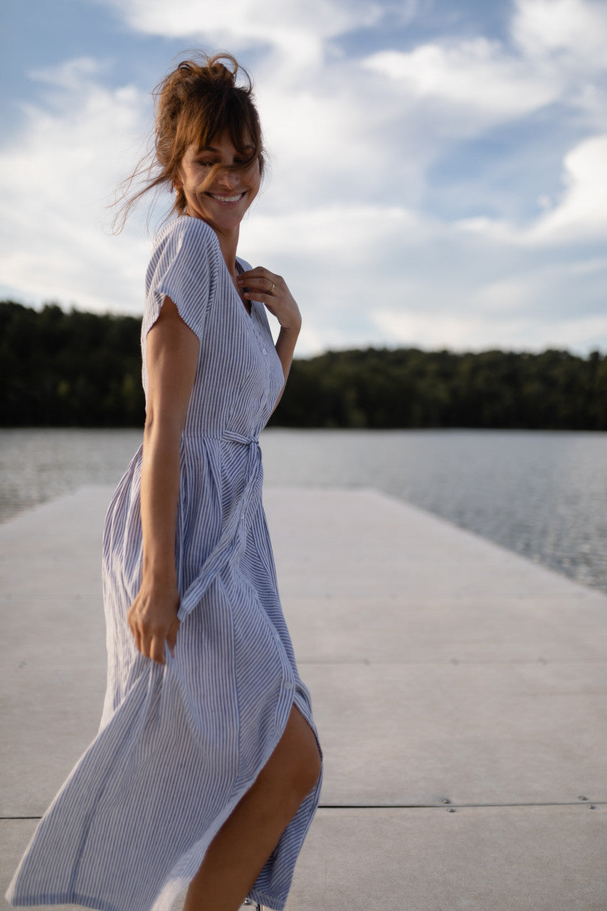 June Dress in Blue and White Stripe Linen/Cotton - Pre-Order 2/30