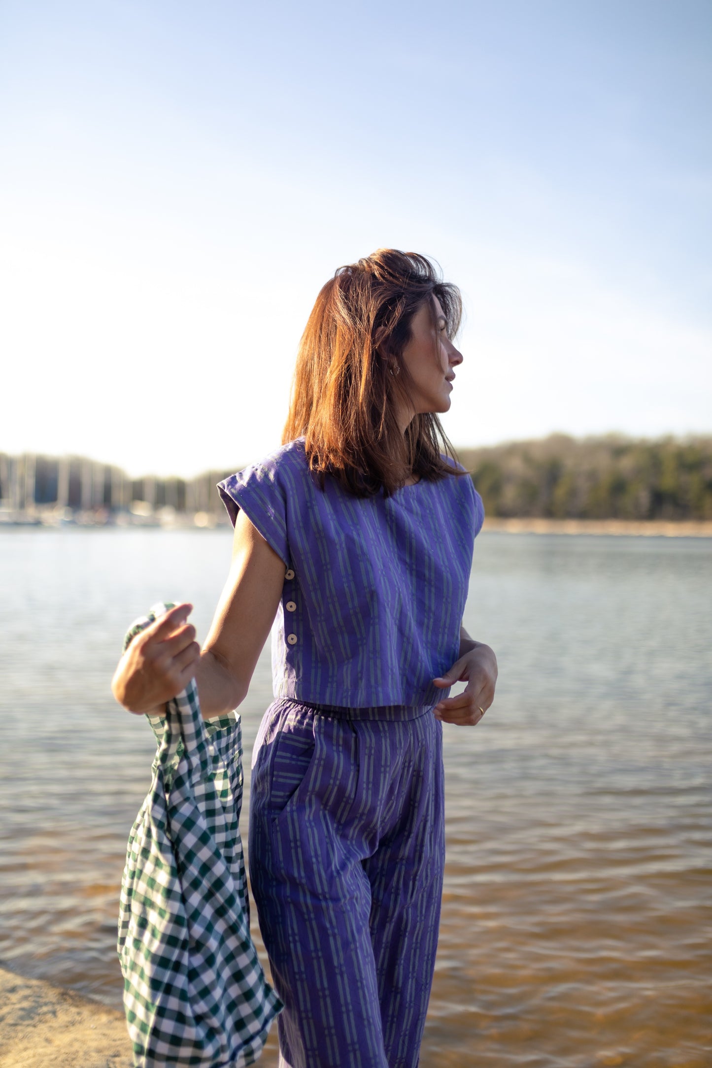 Katie Handwoven Cotton Set in Periwinkle and Kelly Green - XS Pants Left