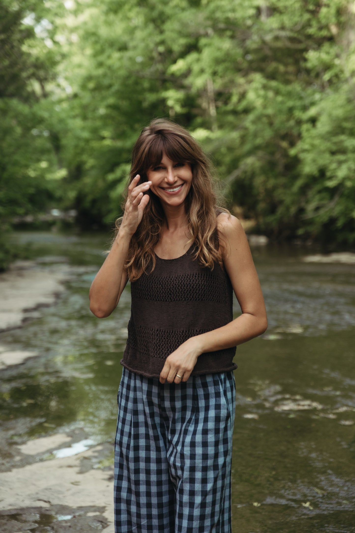 Katie Handwoven Cotton Pants in Navy Gingham Made to Order