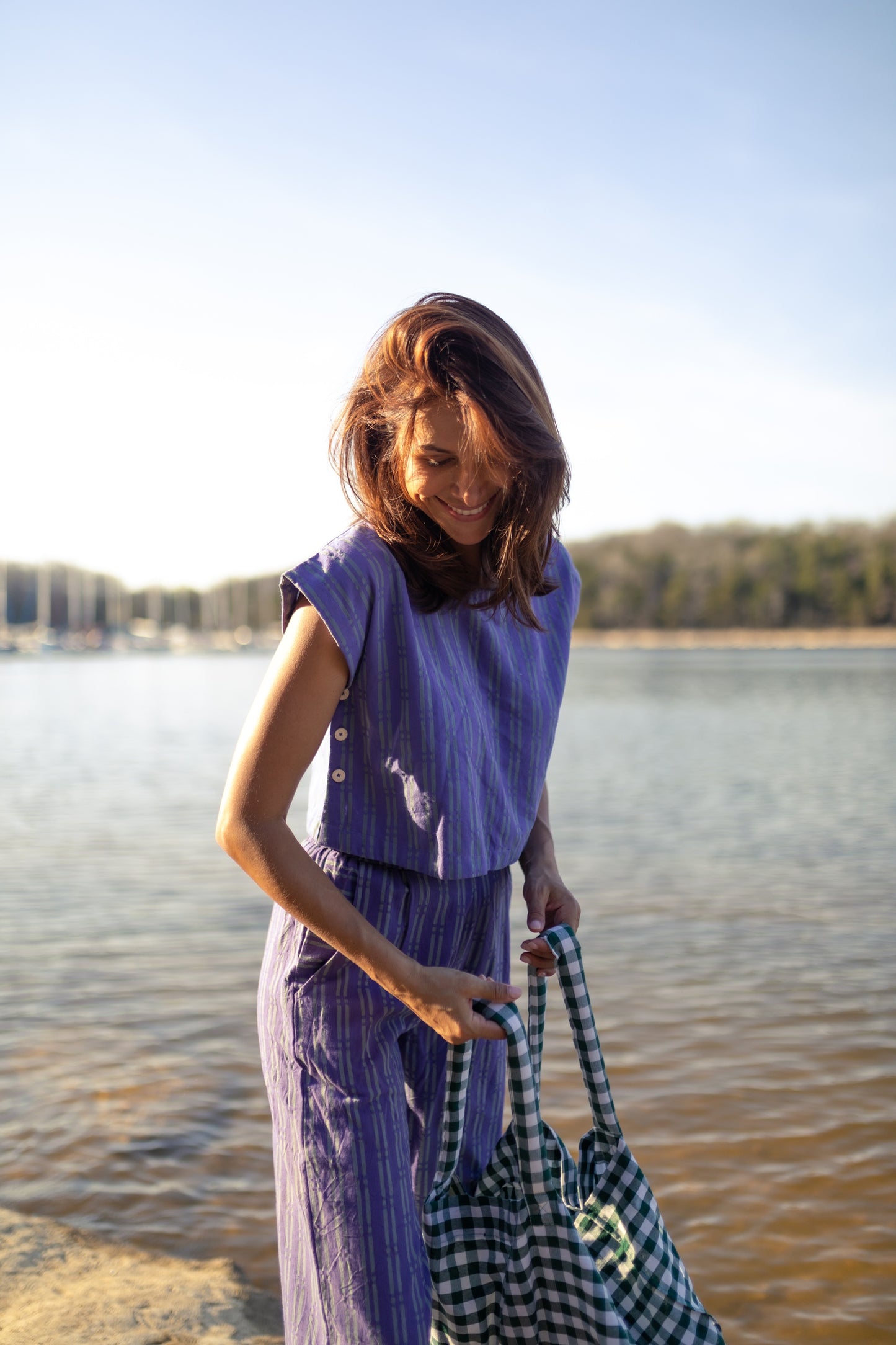 Katie Handwoven Cotton Set in Periwinkle and Kelly Green - XS Pants Left