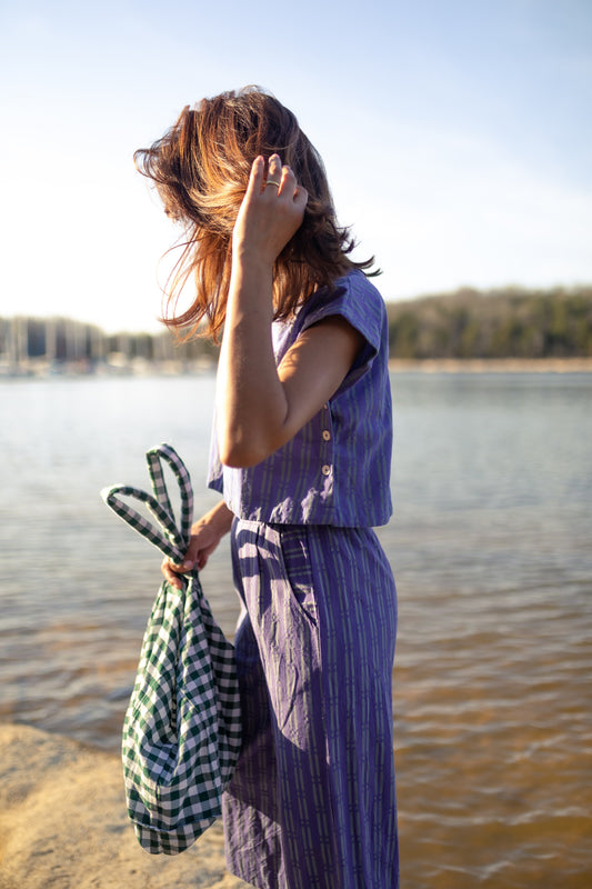 Katie Handwoven Cotton Crop Set in Periwinkle and Kelly Green