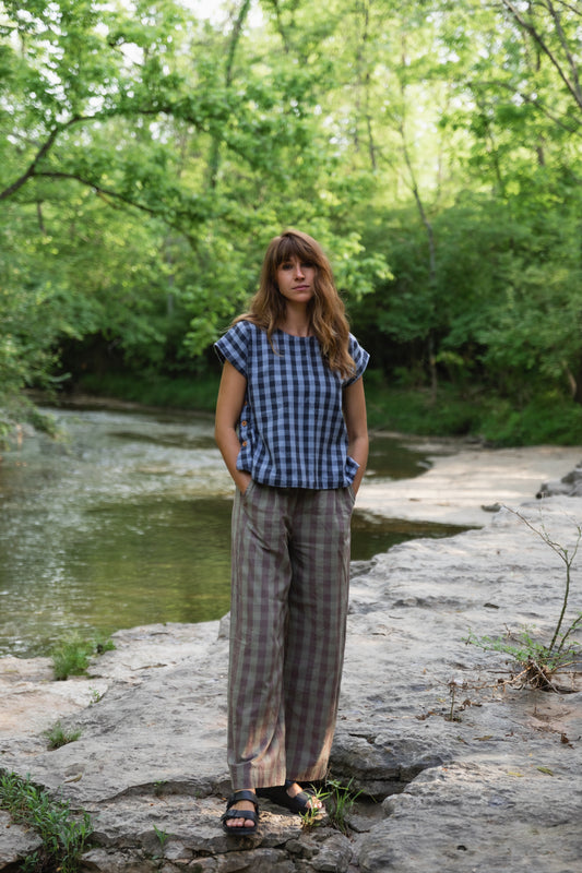 Katie Handwoven Cotton Pants in Mauve Gingham Made to Order