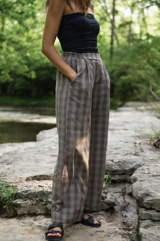 Katie Handwoven Cotton Pants in Mauve Gingham Made to Order