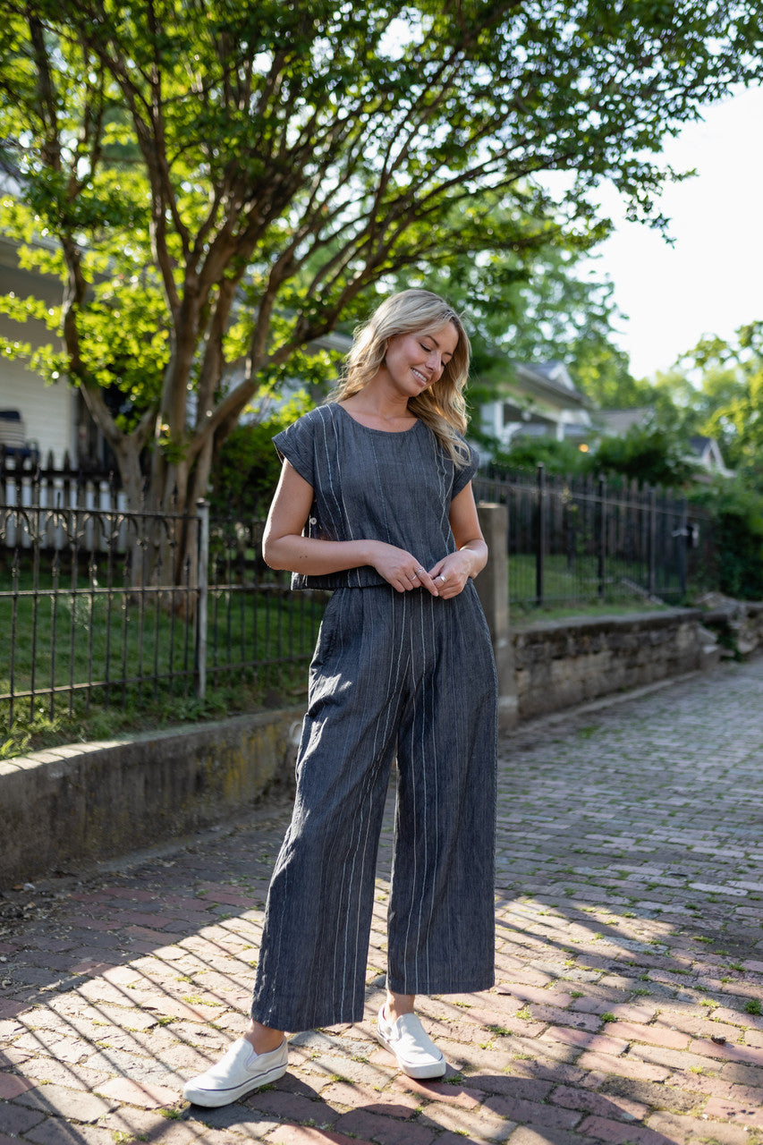 Handwoven Cotton Crop Pants in Midnight Chambray