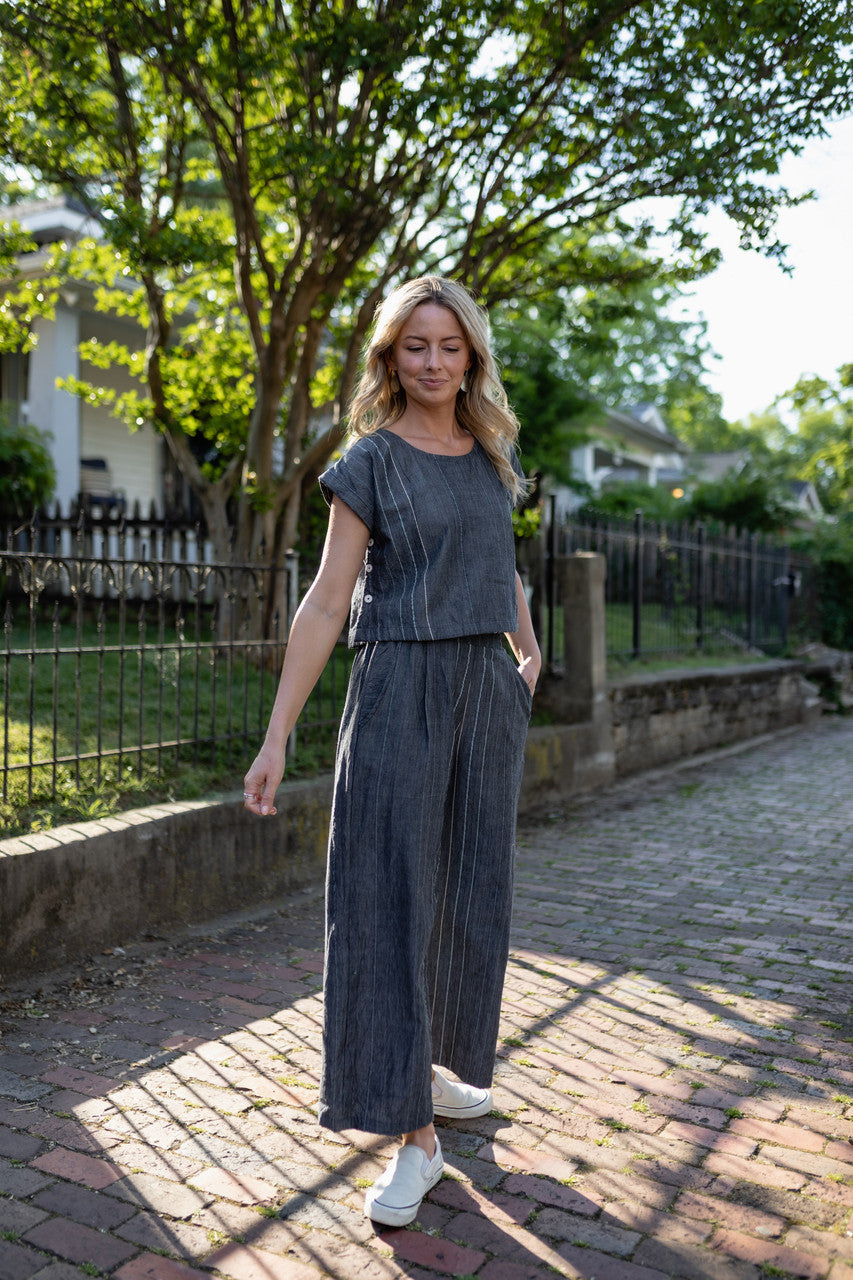 Handwoven Cotton Crop Pants in Midnight Chambray
