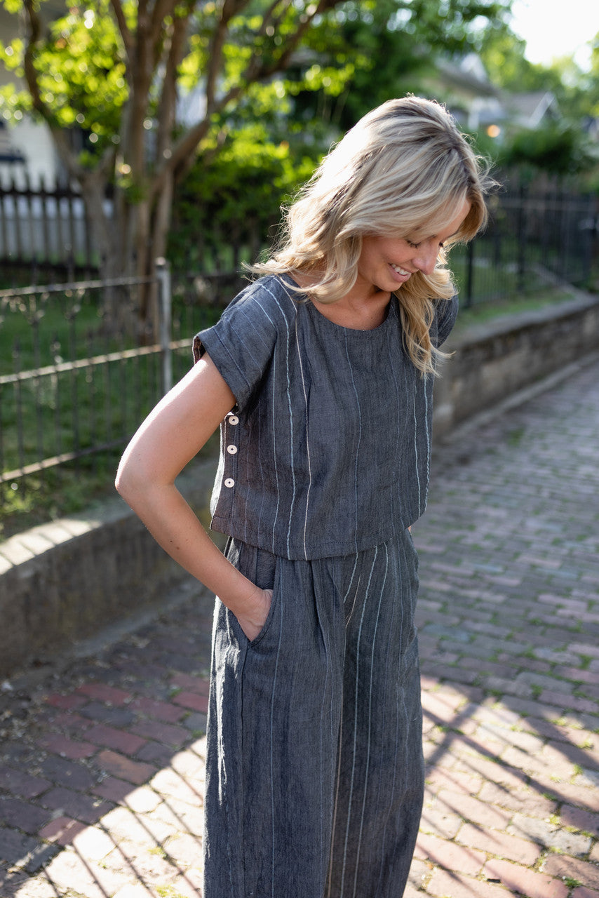 Handwoven Cotton Crop Pants in Midnight Chambray
