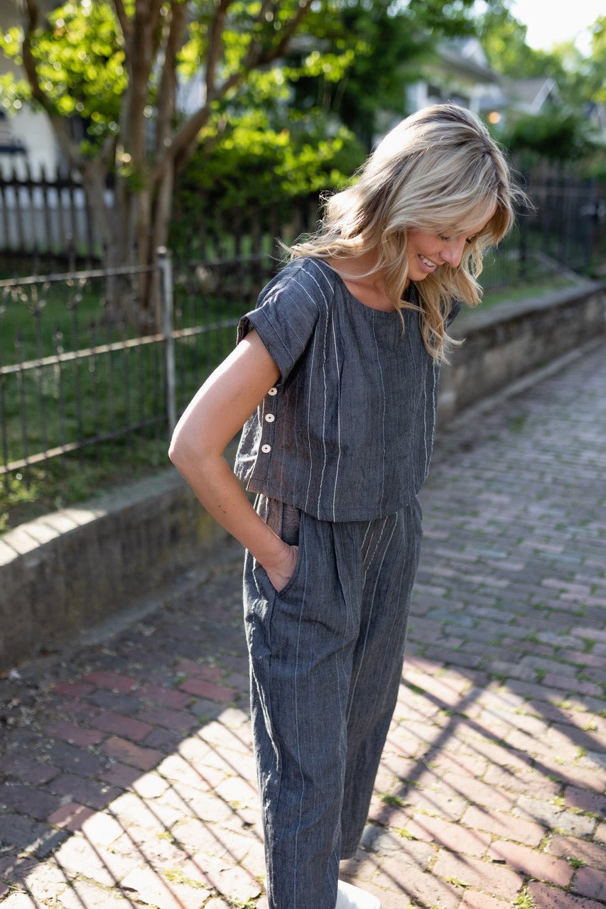 Handwoven Cotton Crop Pants in Midnight Chambray